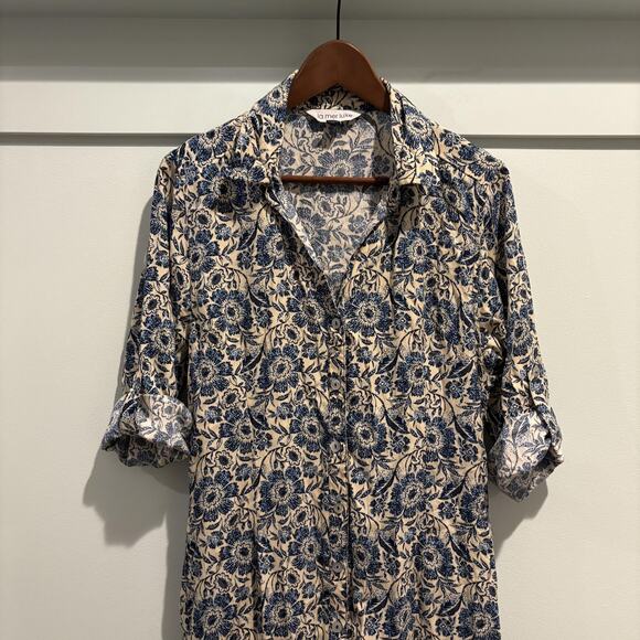 La Mer Luxe Shirt Dress Womens Small Blue Floral Button Up Pockets‎ Rayon Boho - Picture 4 of 15